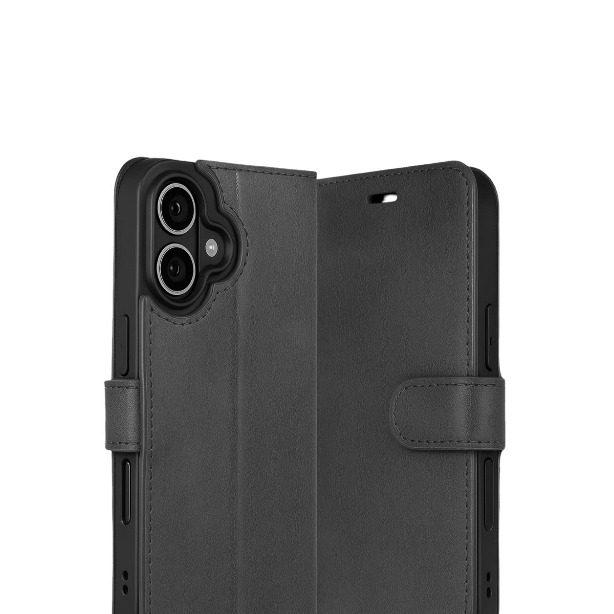 Kamera oyuntulu ve kapaklı siyah telefon kılıfı.