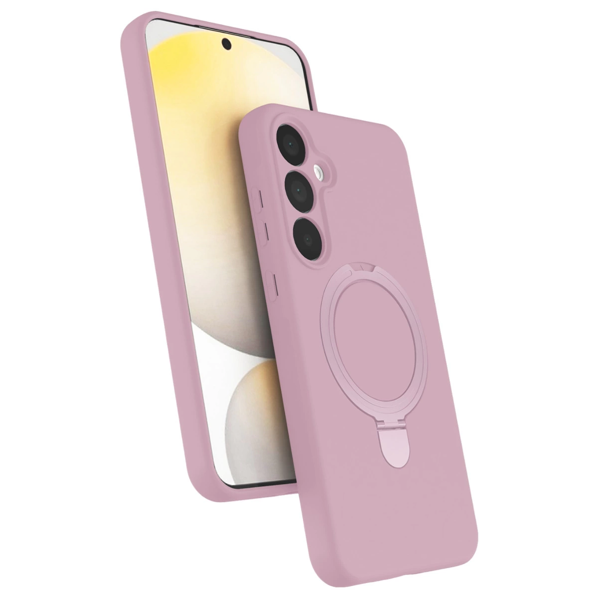 Beyaz zeminde pembe renkli telefon ve kılıfı.