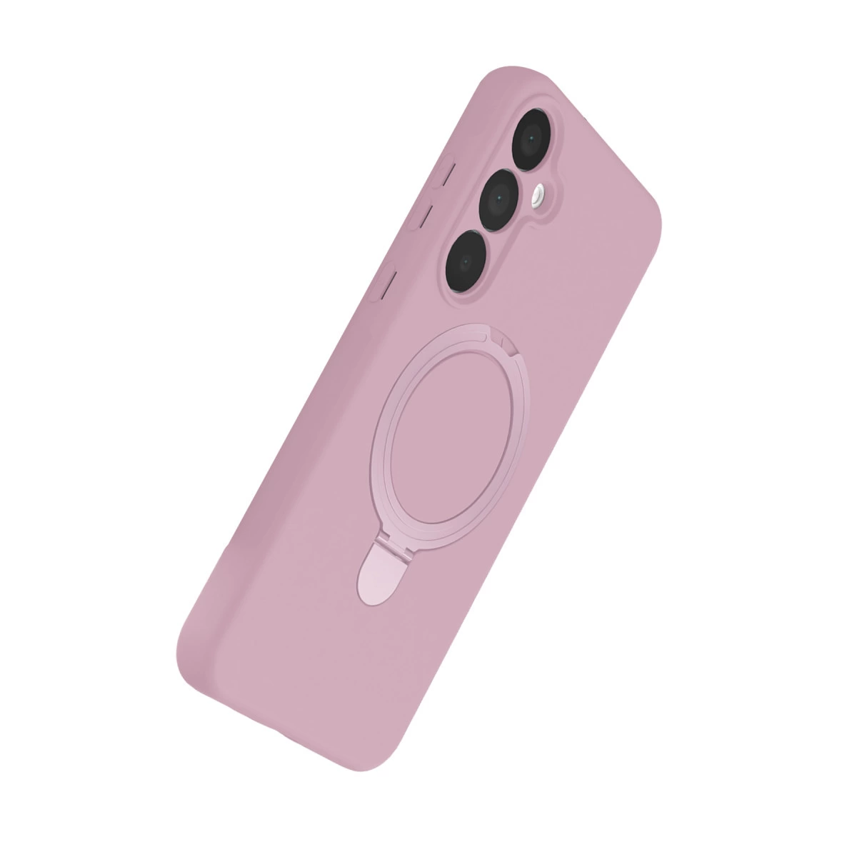 Halka tutuculu ve üç kamera lensli pembe telefon kılıfı.