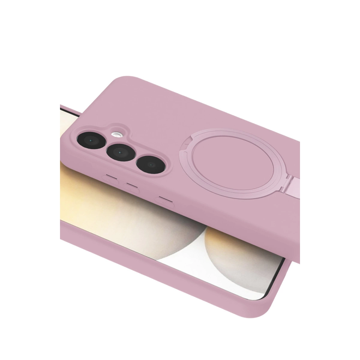 Halka tutuculu ve üç kamera lensli pembe telefon kılıfı.