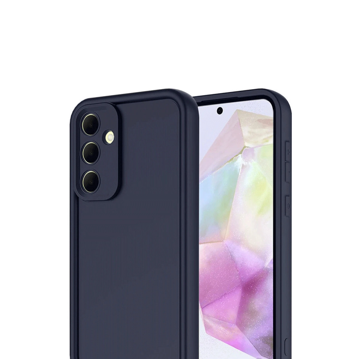 Üç kameralı koyu mavi telefon, renkli arka planlı.