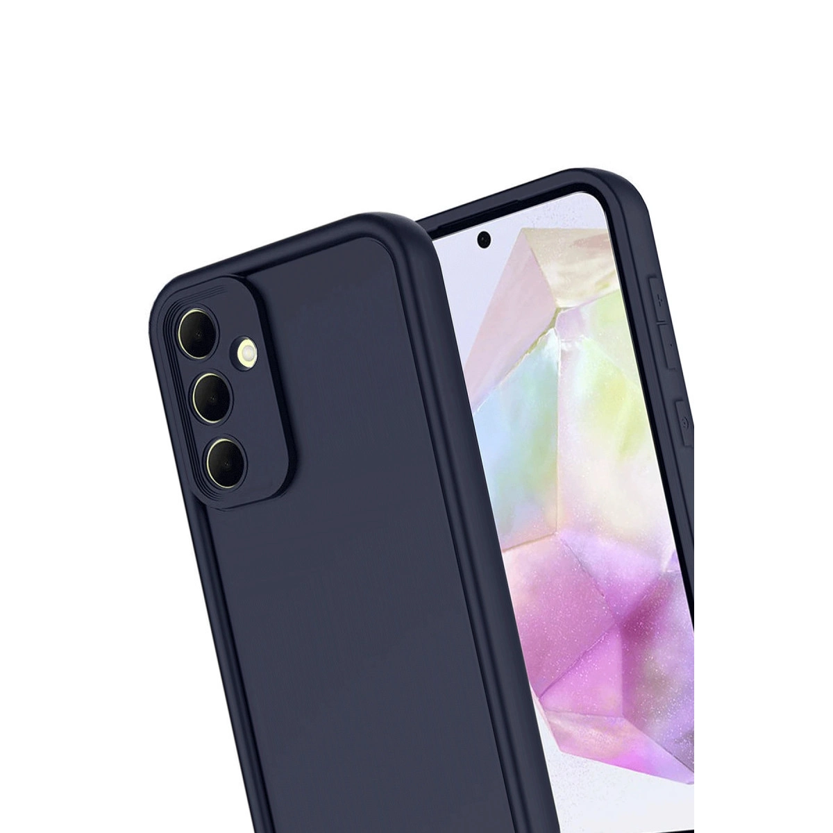 Üçlü kameraya sahip lacivert telefon ve kristal grafikli ekran.