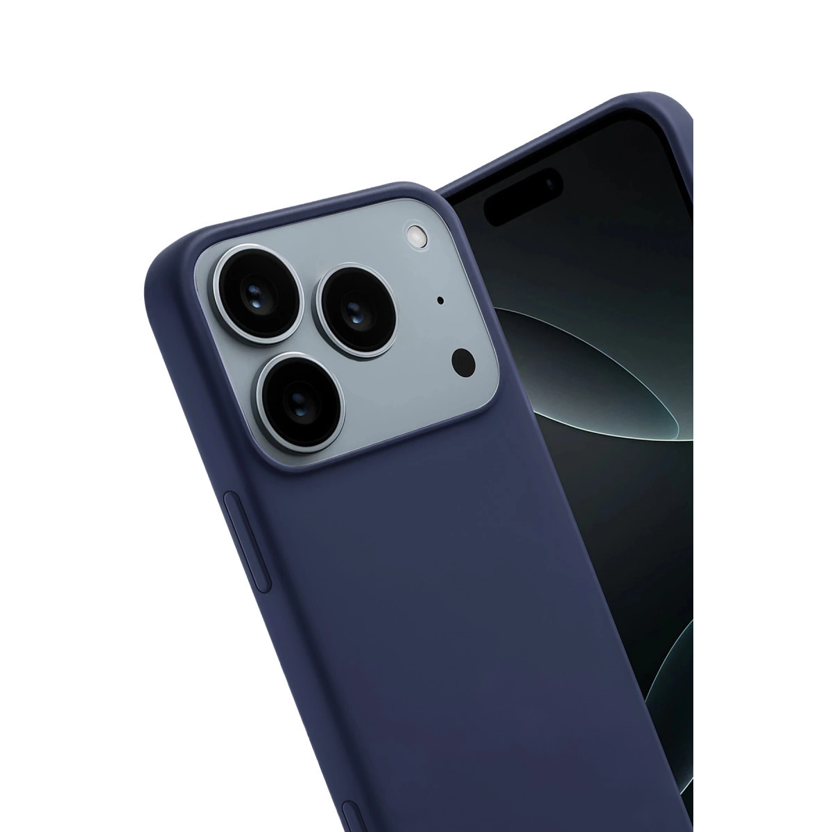 Üç kamera lensli ve flaşlı lacivert iPhone kılıfı.