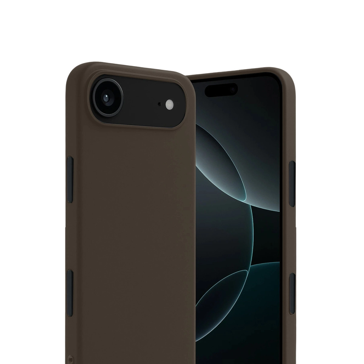 Kamera kesimli kahverengi telefon kılıfı ve koyu ekranlı akıllı telefon.