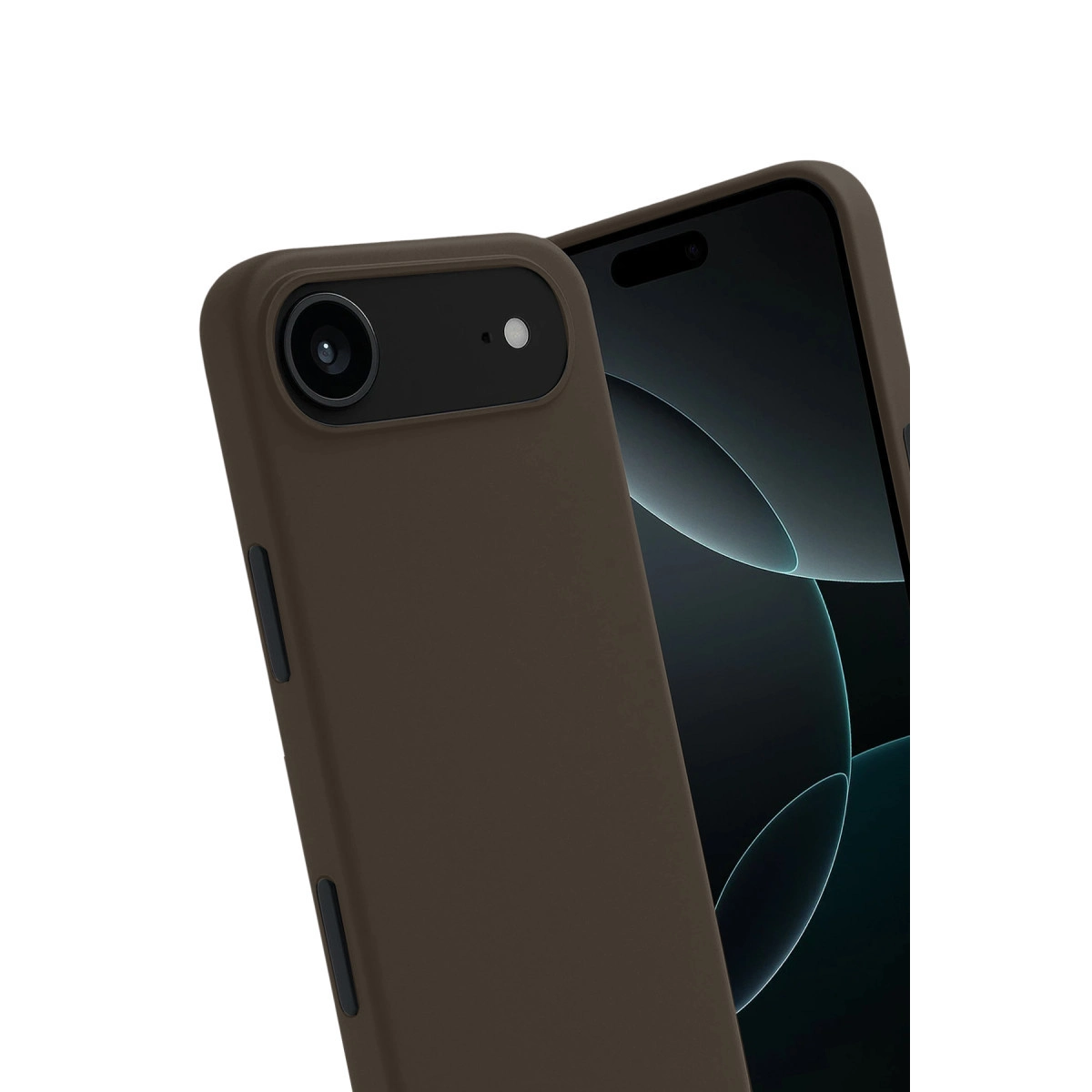 Kamera lensli kahverengi telefon, yanında koyu ekranlı başka bir telefon.
