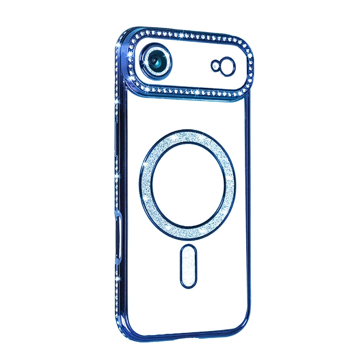 Mavi, simli iPhone kılıfı, kamera halkası ve manyetik halkalı.