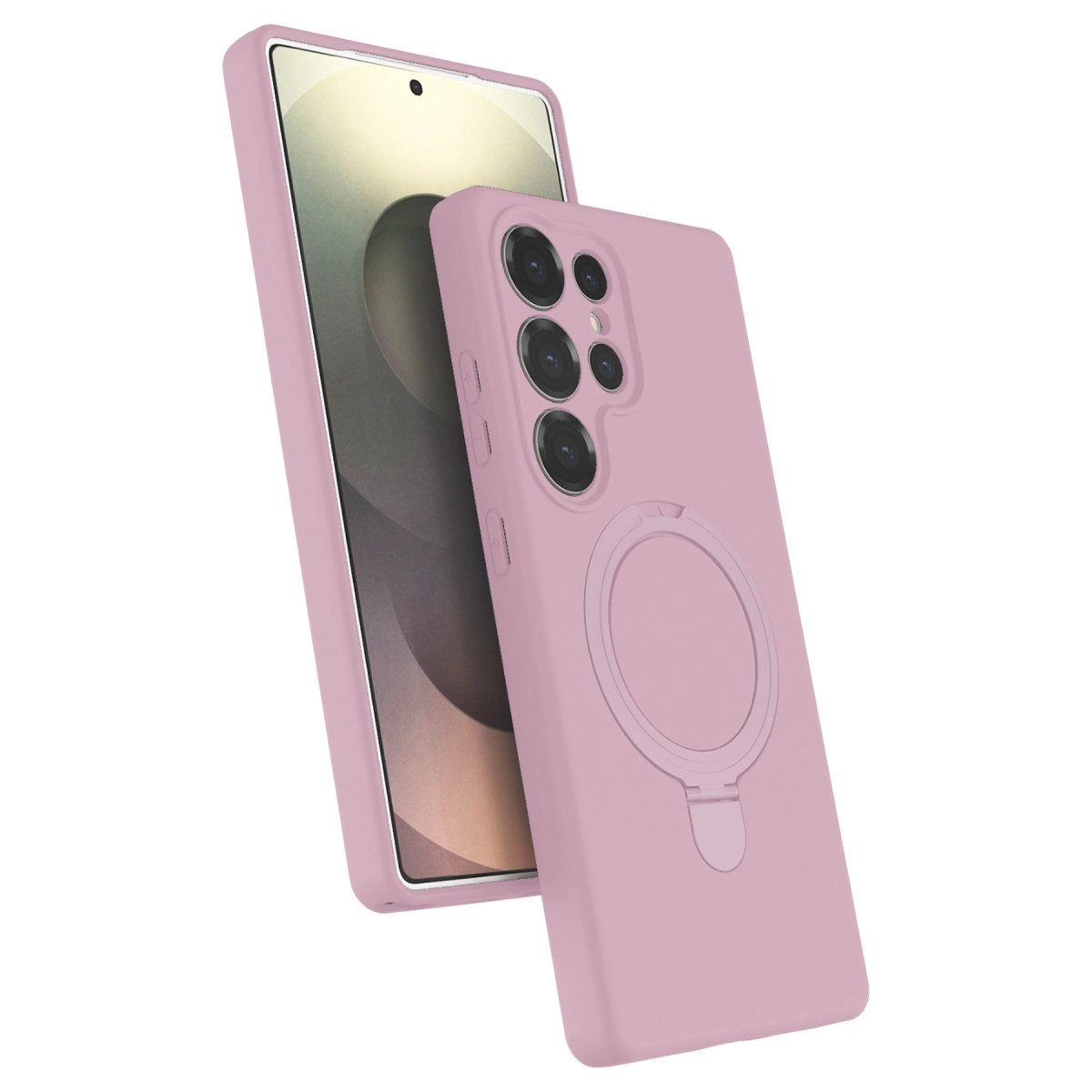 Arkada halka tutuculu ve kameralı pembe telefon kılıfı.