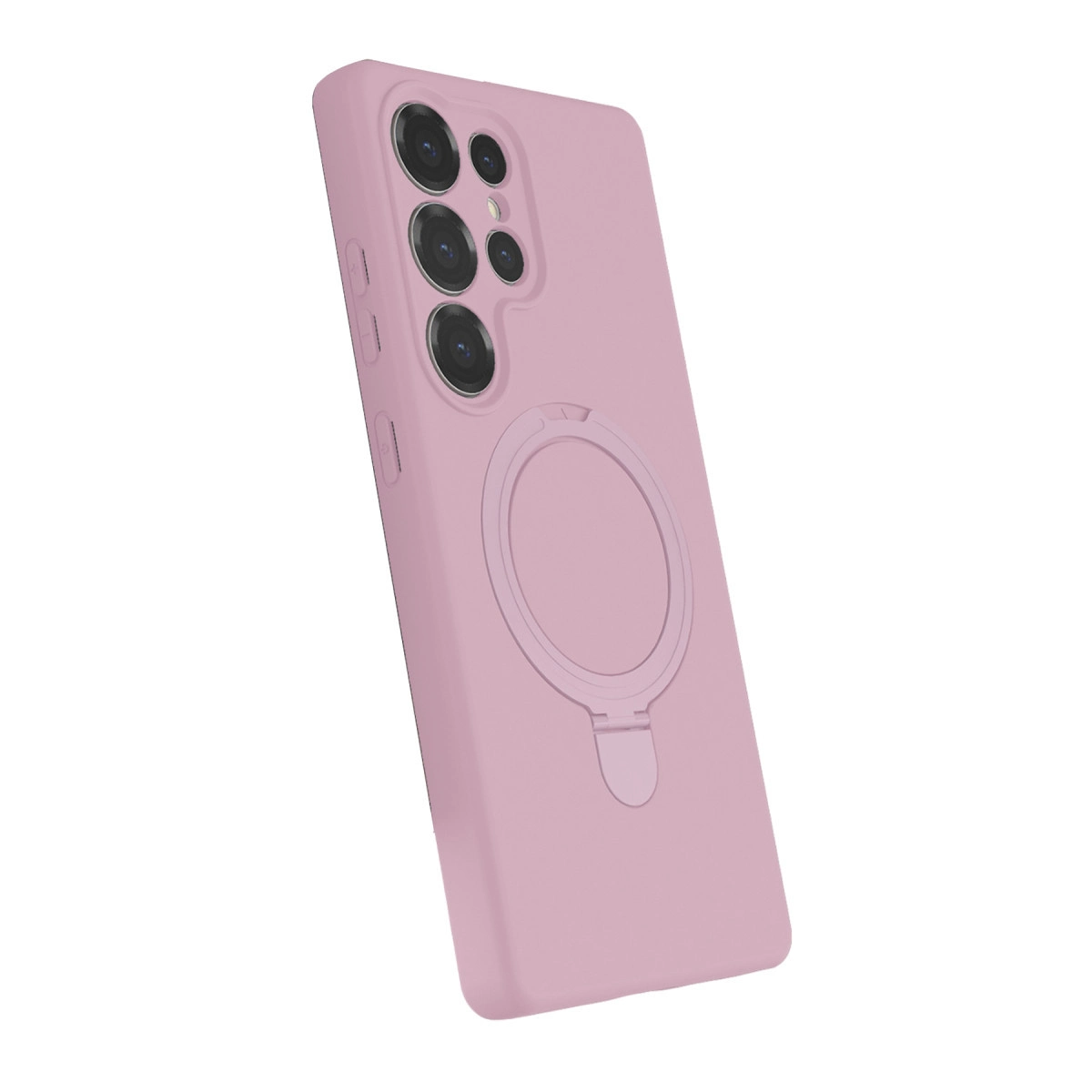 Halka tutuculu ve kamera modüllü pembe telefon kılıfı.