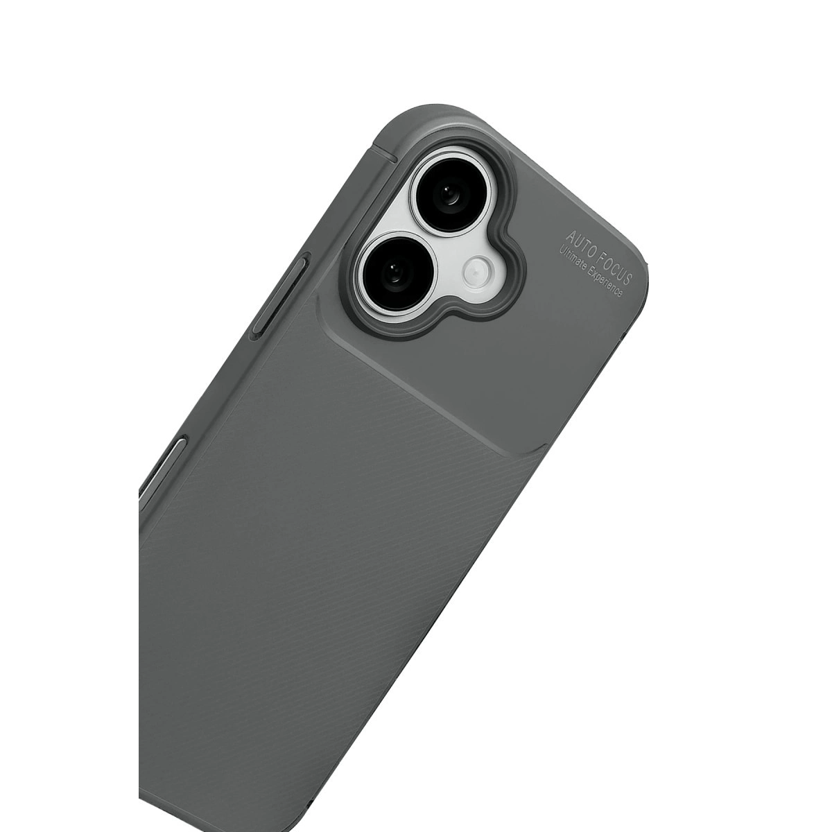 İki kamera lensli ve yazılı gri telefon kılıfı.