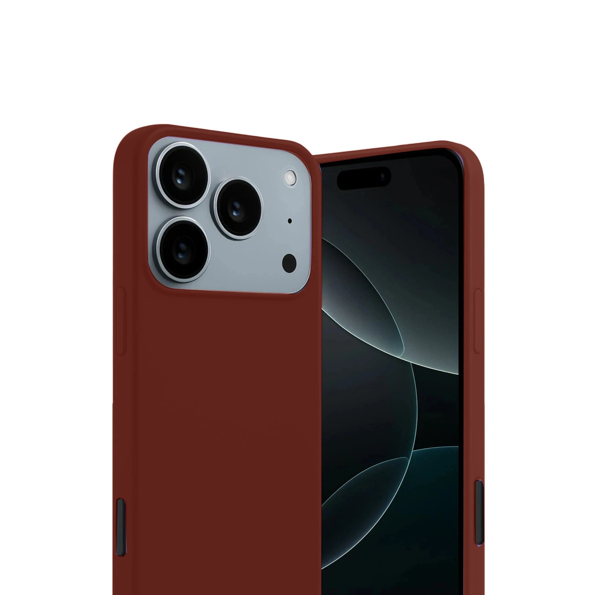 Kırmızı telefon kılıfının yakın çekimi. Kamera modülünde üç lens bulunur.