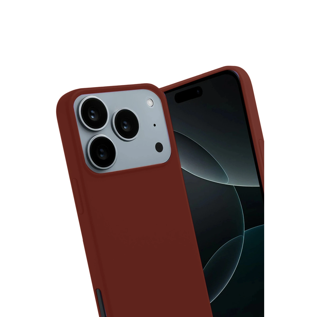 Koyu ekranlı akıllı telefonda üç kamera lensli kırmızı telefon kılıfı.