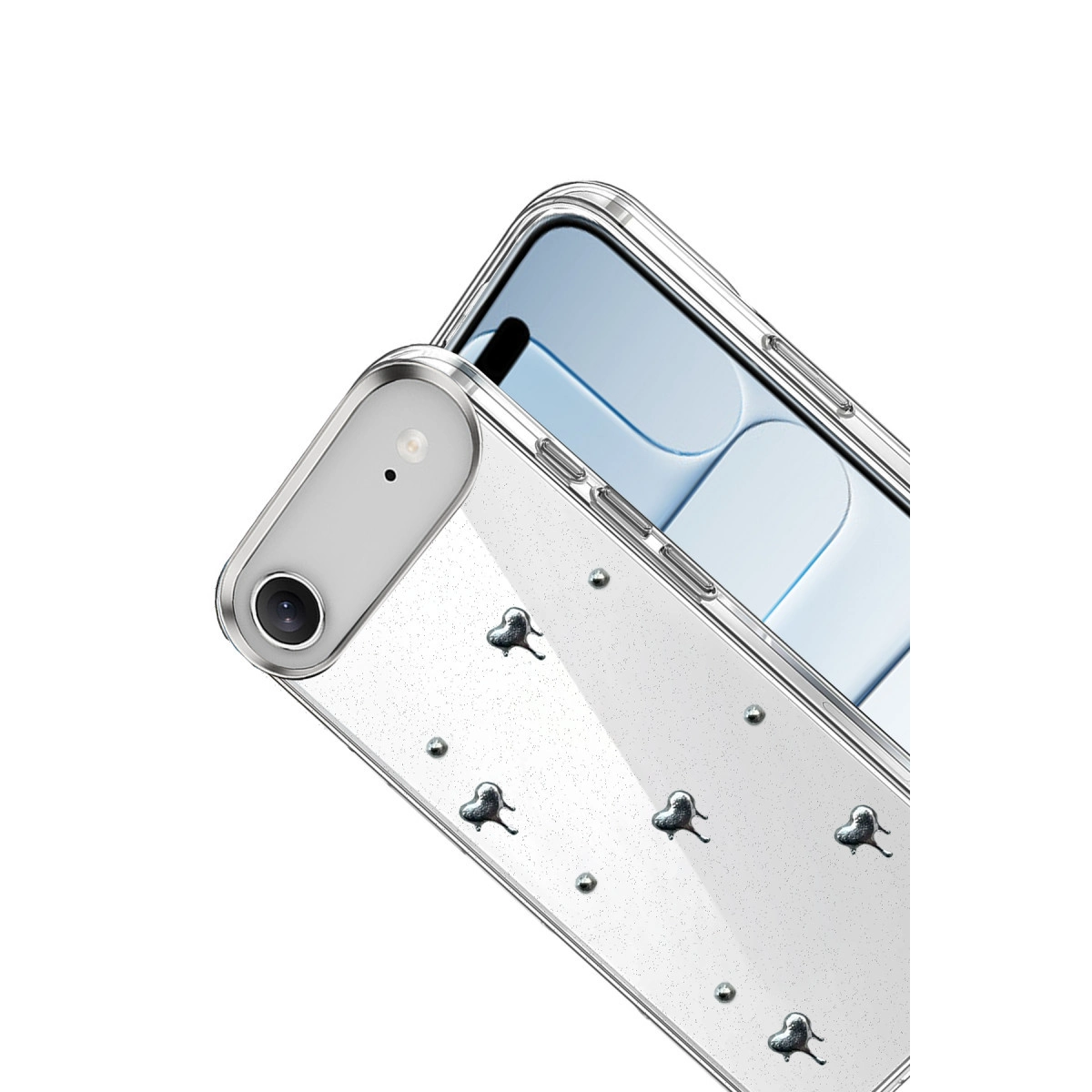 Sim ve gümüş kalpli şeffaf telefon kılıfı.