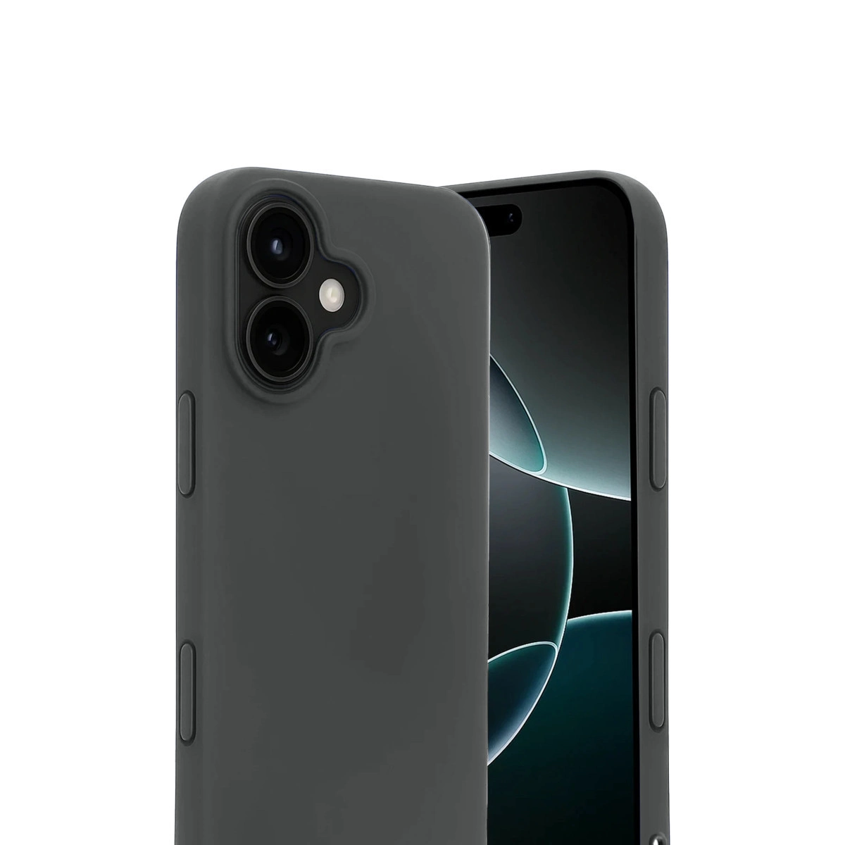 Kısmen kapalı, arkada iki kamerası olan koyu gri telefon.