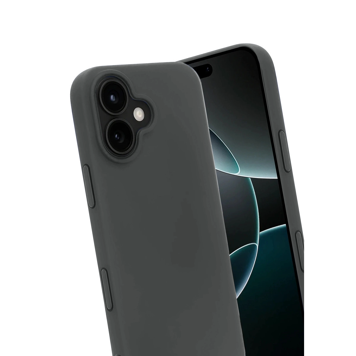 Koyu gri telefon, iki kameralı, kılıf içinde, beyaz arka plan üzerinde.