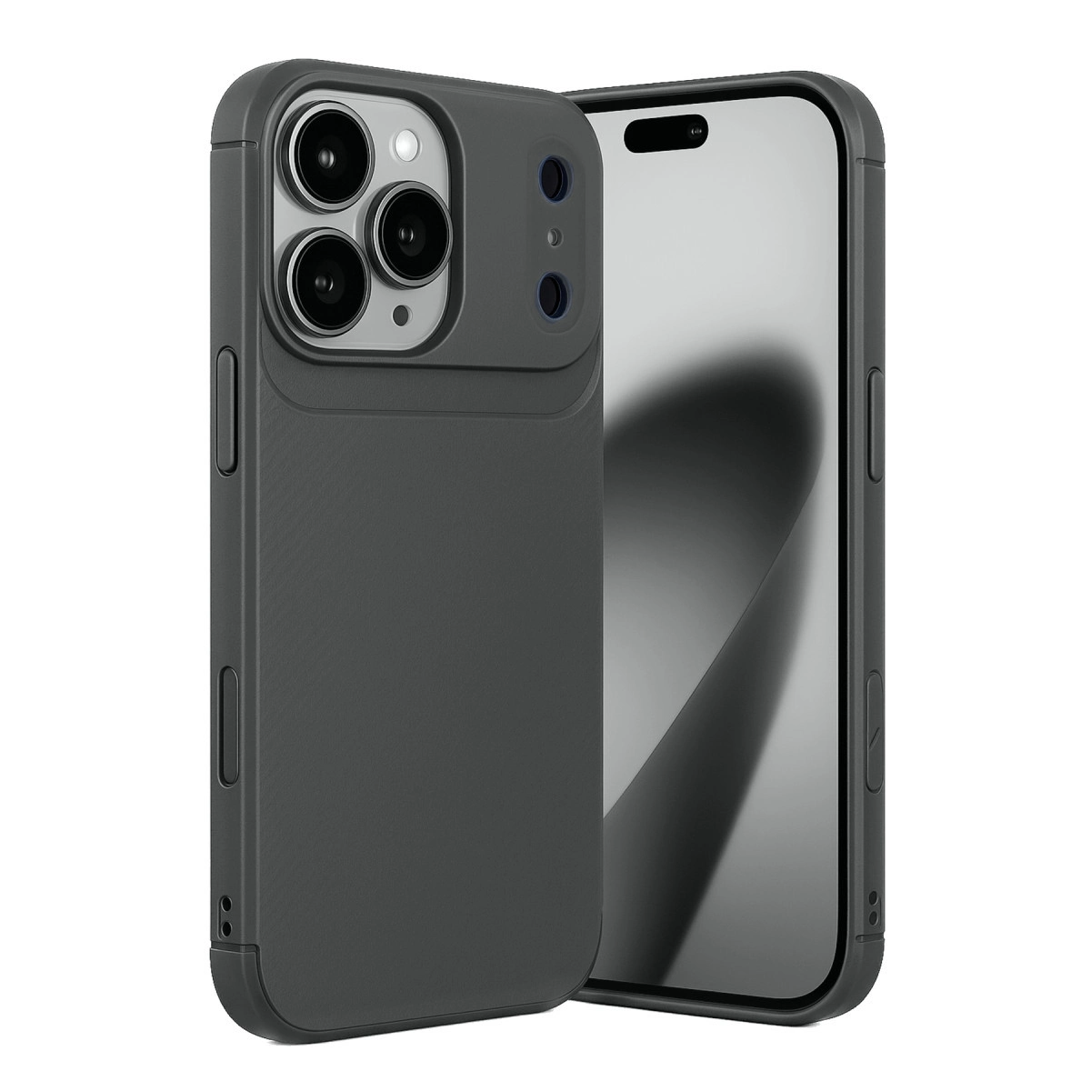 Koyu renk telefon kılıfı üç kameralı bir akıllı telefonu koruyor.