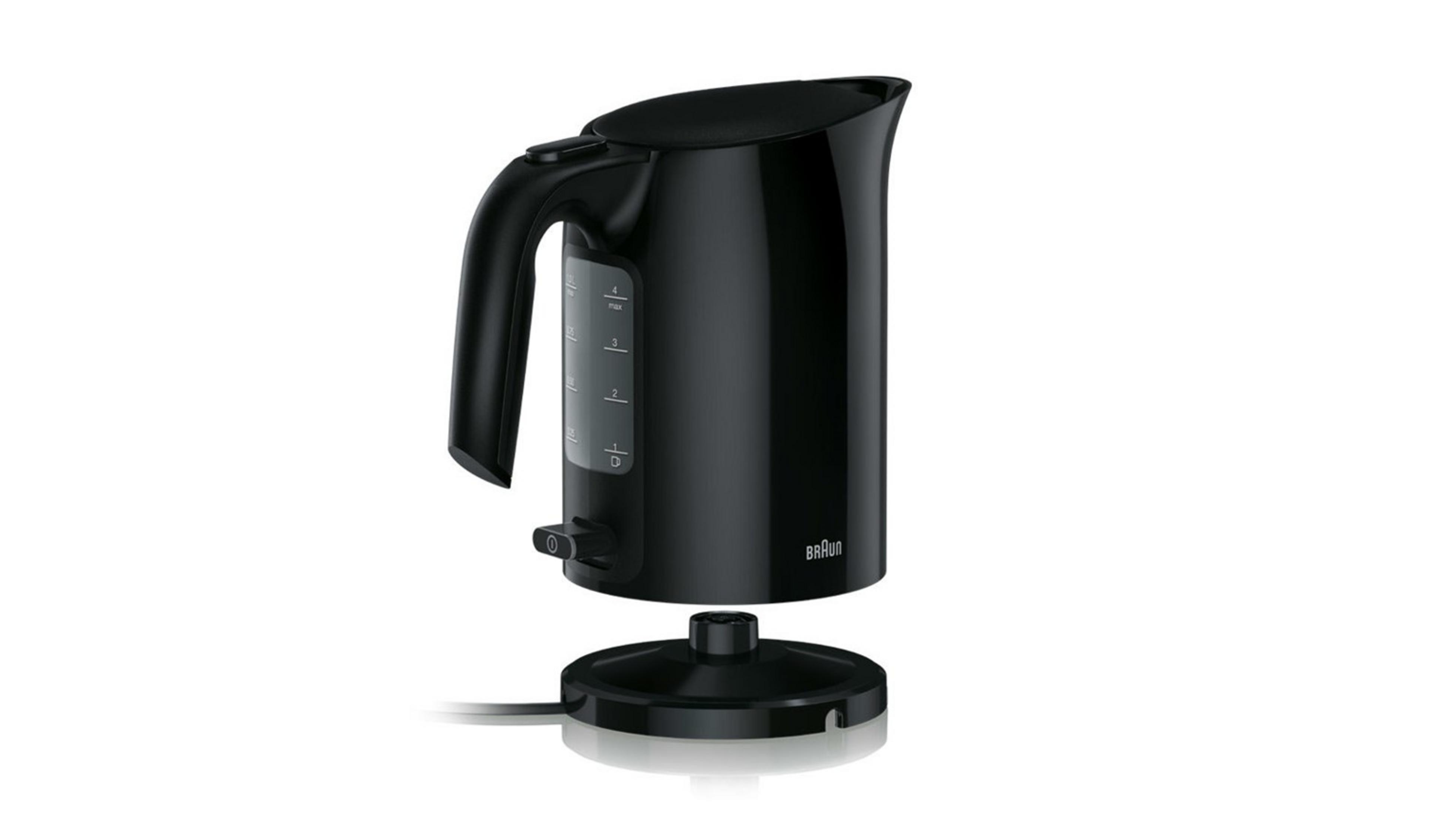 Schwarzer Wasserkocher mit Griff, Wasserstandsanzeige und Ein/Aus-Schalter.