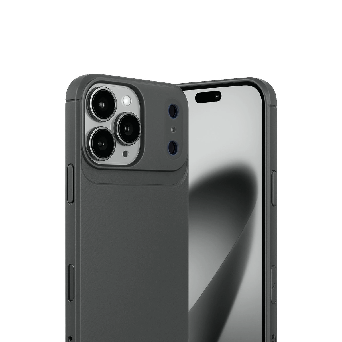 Üç kamera lensli koyu gri telefon kılıfı ve arkada ikinci bir telefon.
