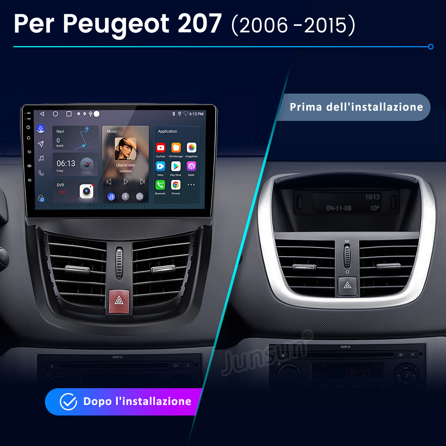 Confronto prima e dopo di un sistema di infotainment per Peugeot 207.