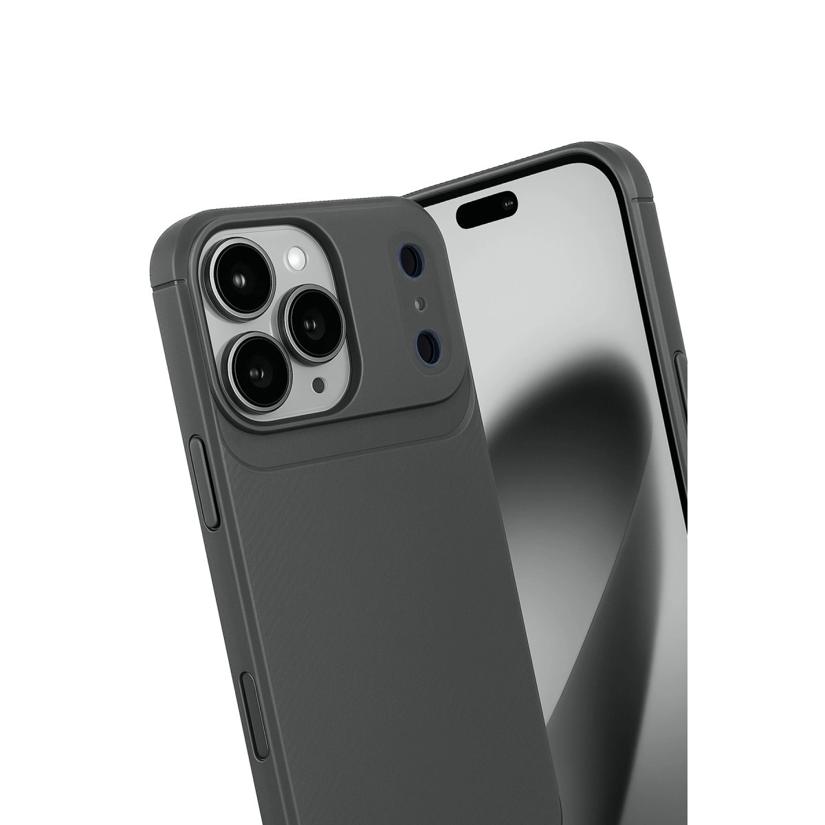 Beyaz arka plan üzerinde üç kameralı koyu gri telefon.