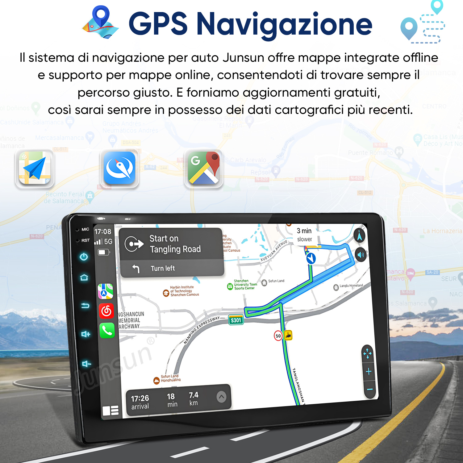 Sistema di navigazione GPS su touchscreen per auto con mappe e percorsi.
