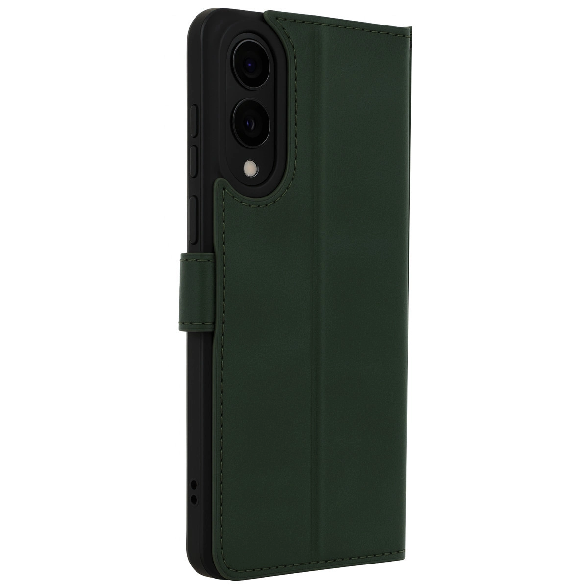 Koyu yeşil telefon kılıfı kapalı, kamera kesimi görünüyor.