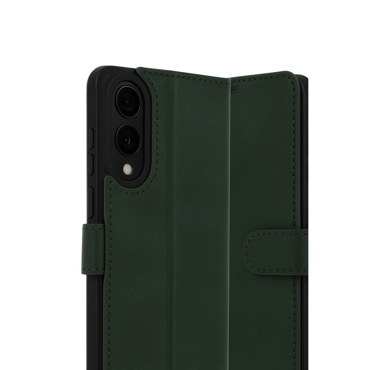 Koyu yeşil kitap tarzı telefon kılıfı, kamera kesimi ve manyetik kapamalı.