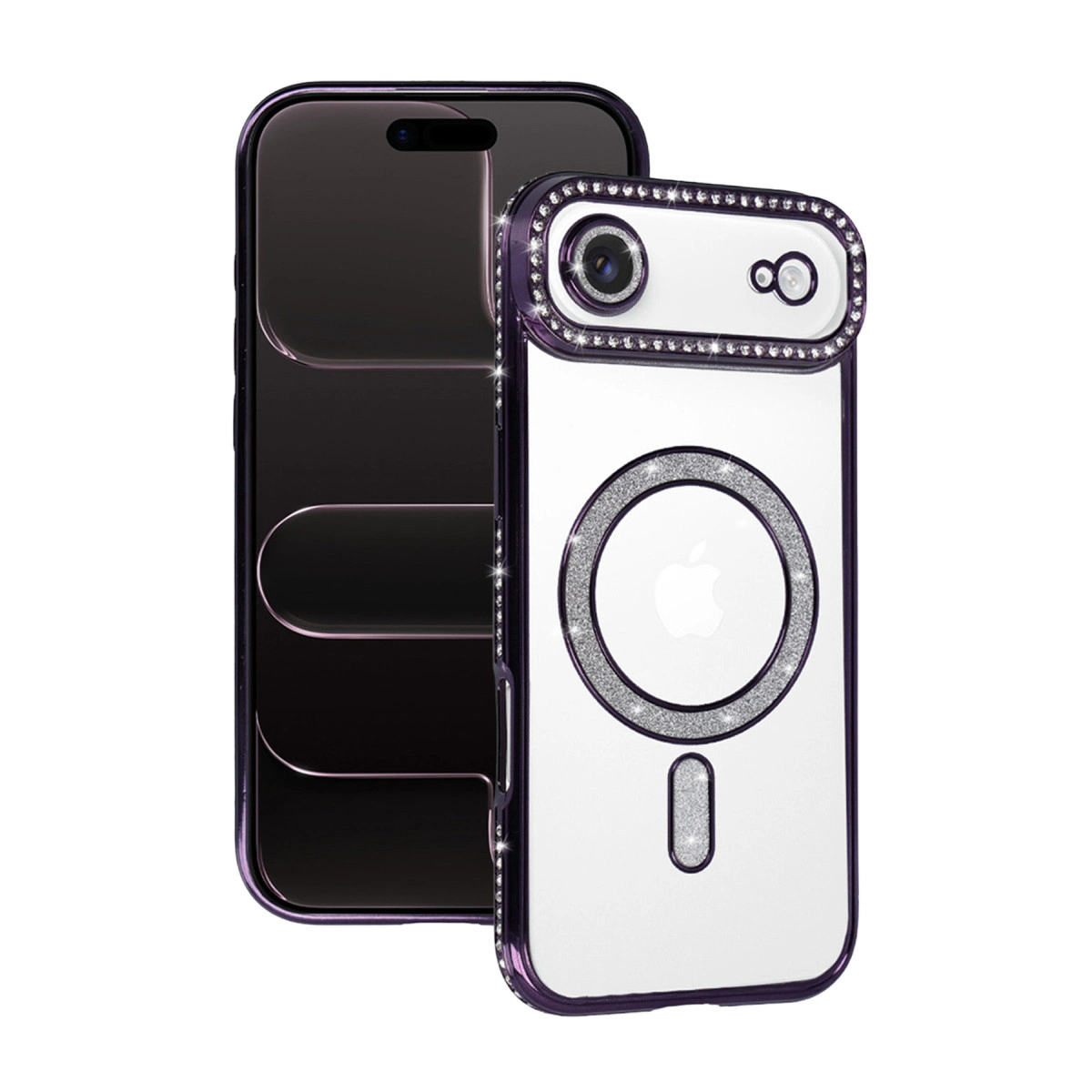 Mor iPhone kılıfı, taşlar ve koyu renkli iPhone üzerinde gümüş daire.
