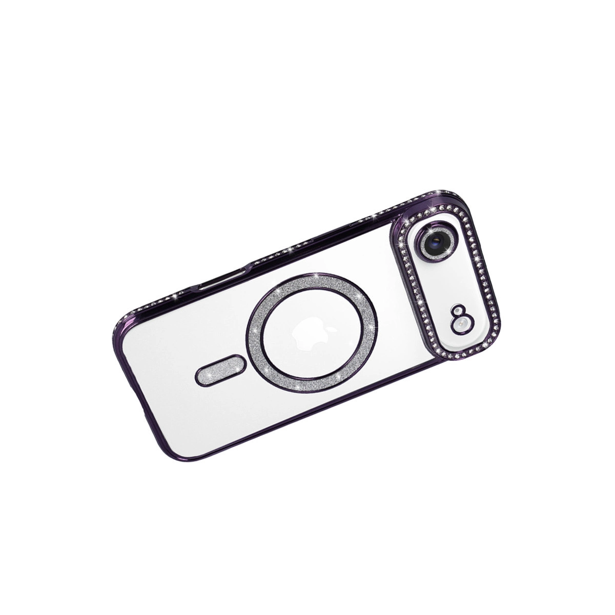 Simli ve kamera kesimli mor iPhone kılıfı.