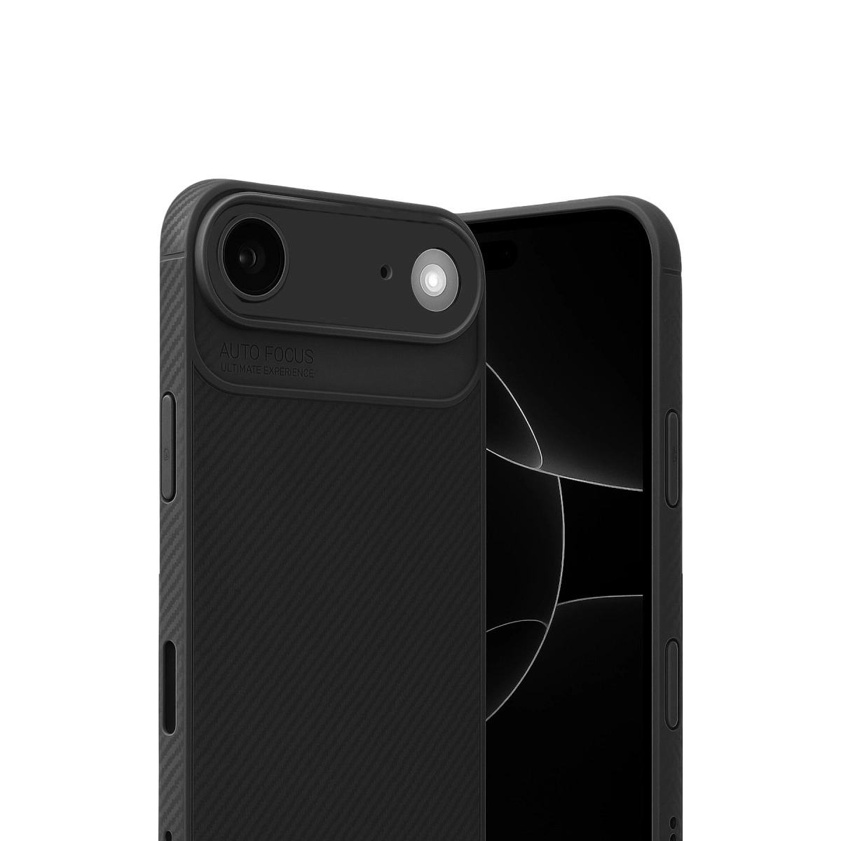 Karbon kapaklı siyah telefon, kamera detayı. Beyaz arka plan.