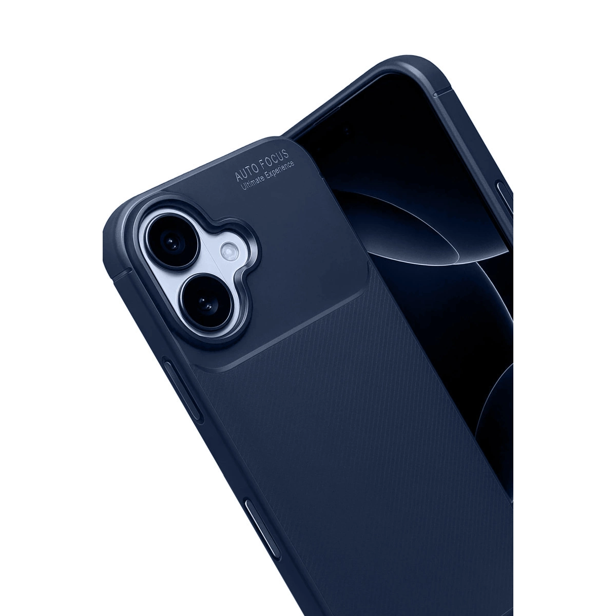 Kamera kesimli, fitilli dokulu lacivert telefon kılıfı.