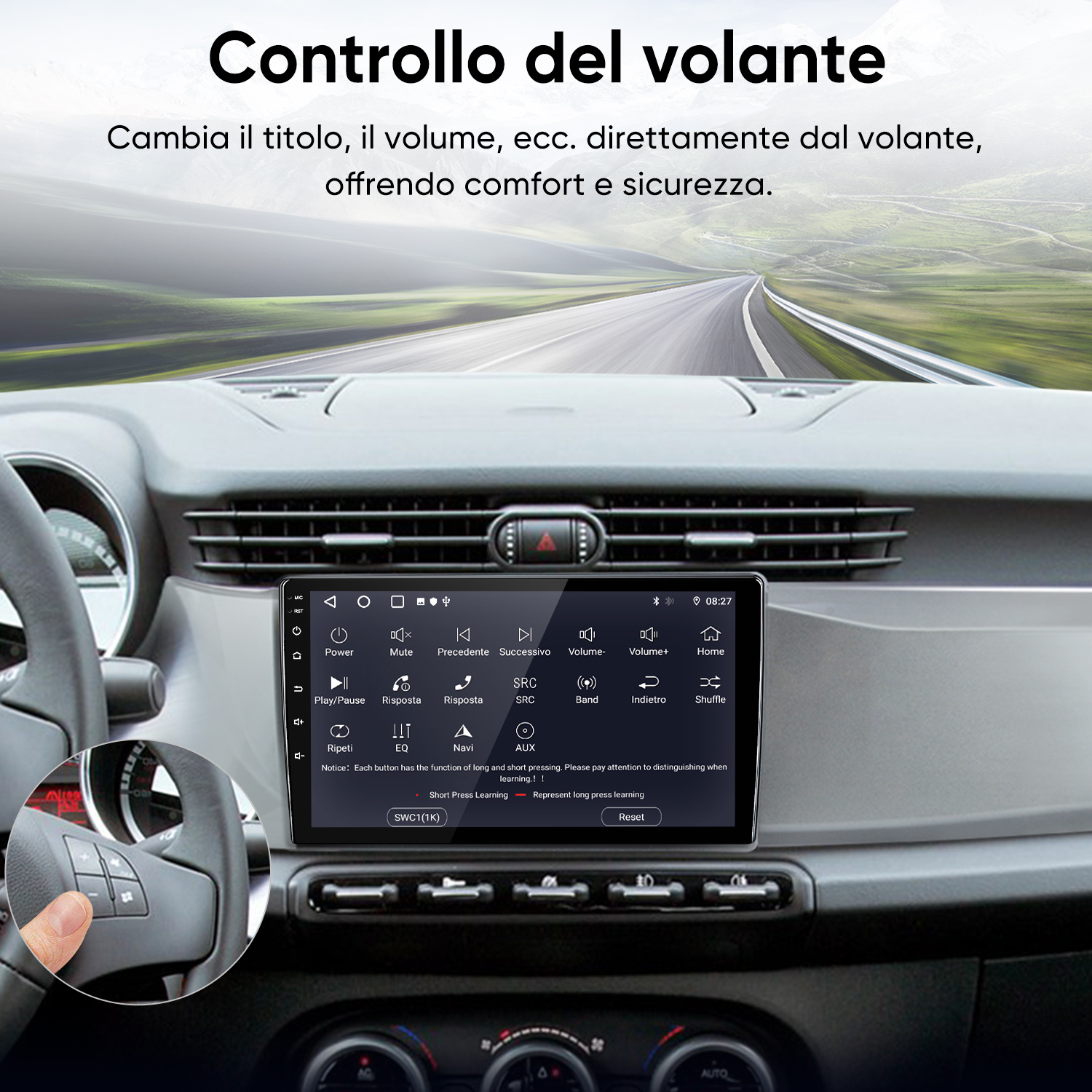 Interno auto con ampio display touchscreen e comandi al volante.