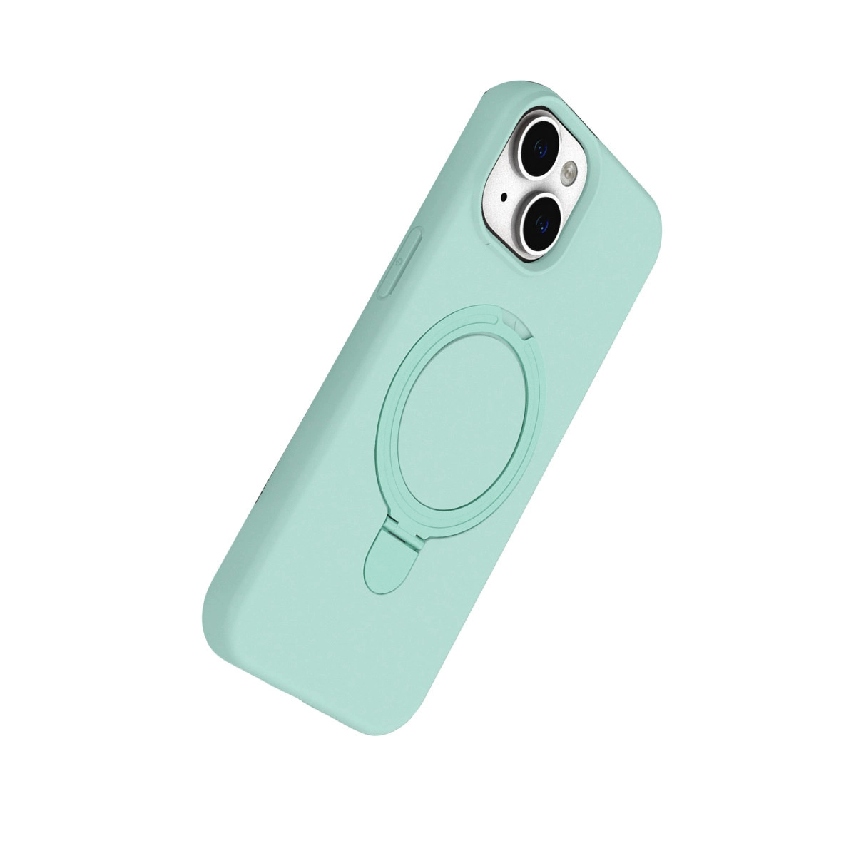 Halka tutuculu açık yeşil telefon kılıfı, iki kamera lensi.