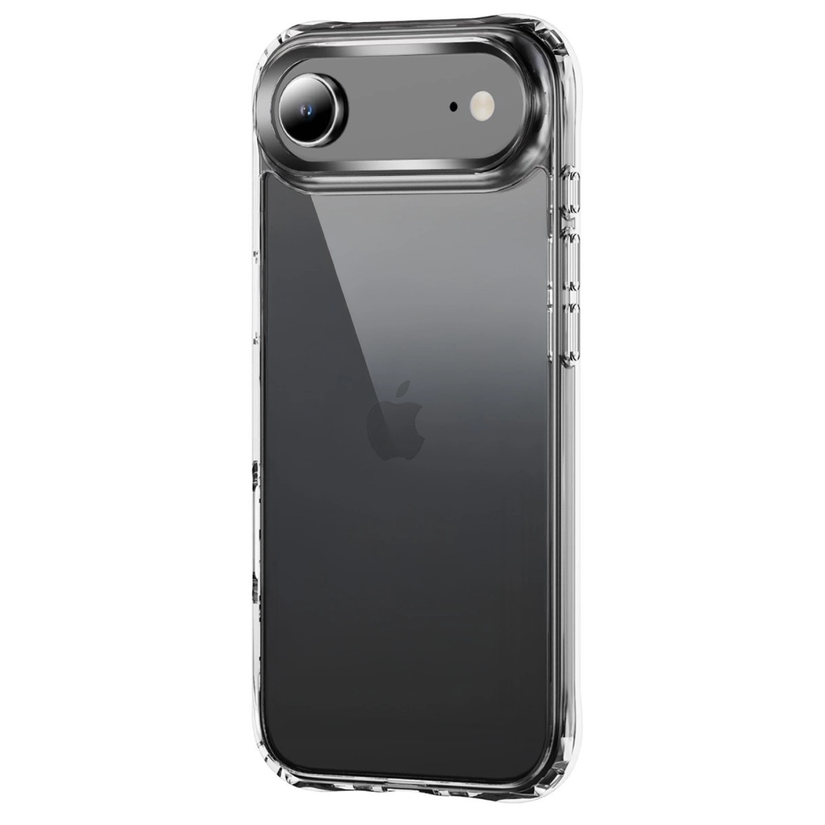 Siyah iPhone logosunu gösteren şeffaf telefon kılıfı.