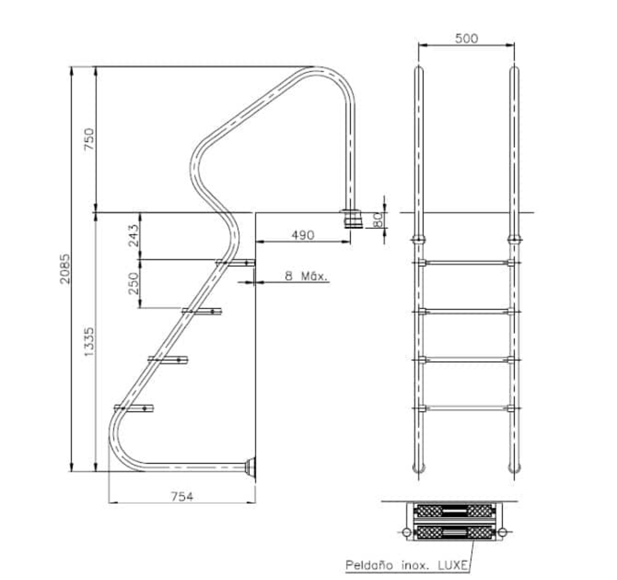 Dibujo técnico de una escalera de piscina con dimensiones y peldaños de acero inoxidable.