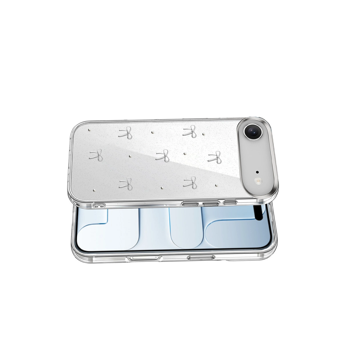 Fiyonk desenli ve simli şeffaf telefon kılıfı.