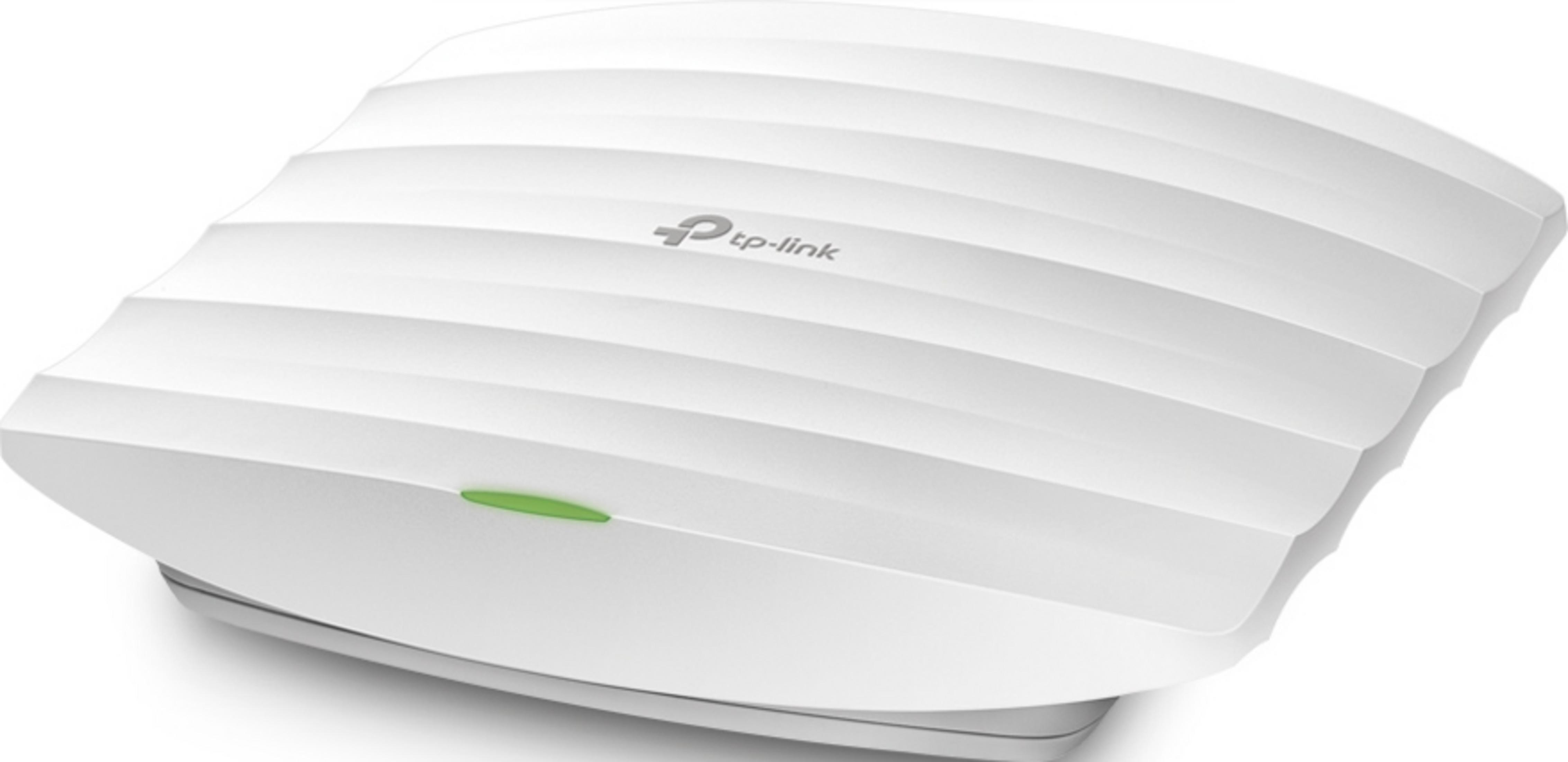 Biały punkt dostępowy TP-Link z żebrowaną obudową i zieloną diodą.