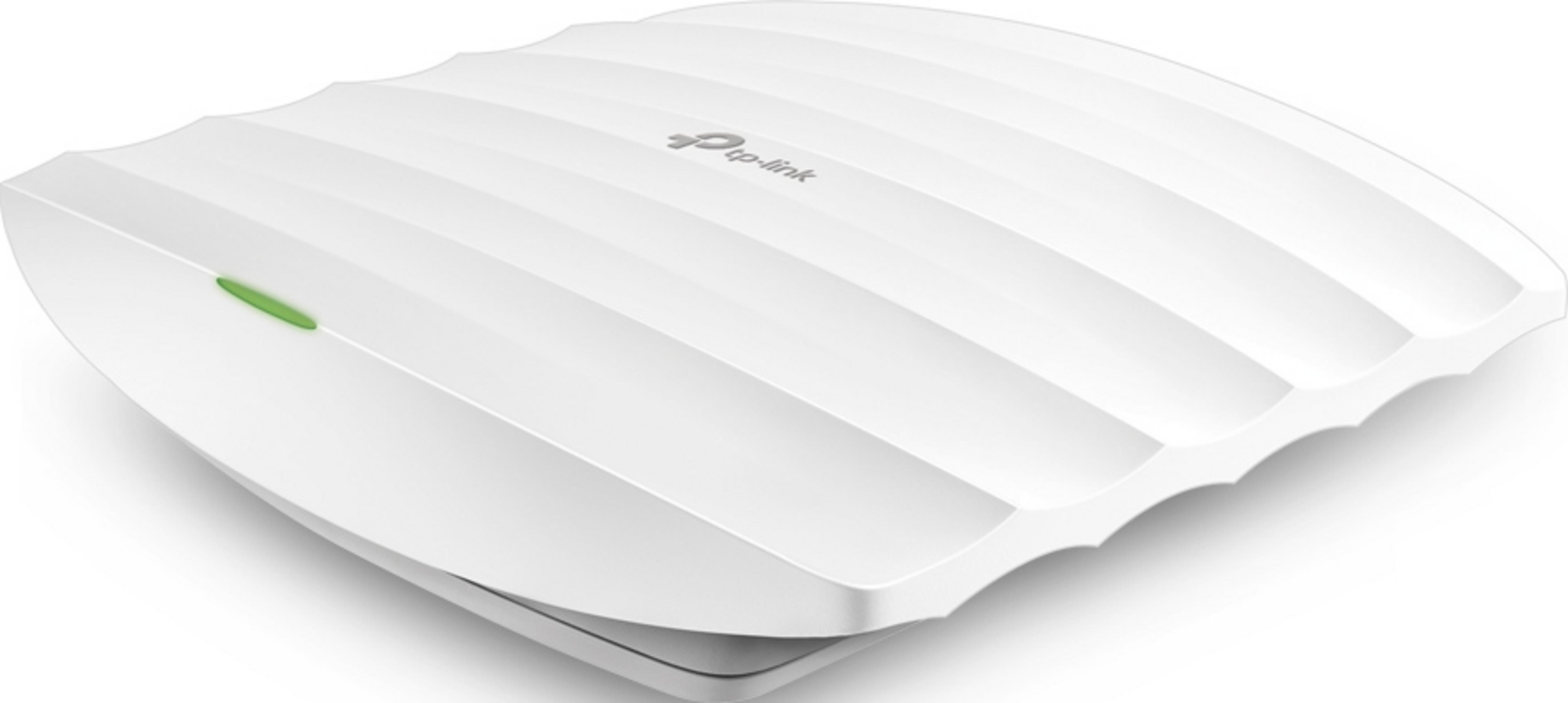 Biały punkt dostępowy Wi-Fi TP-Link z żebrowaną obudową i zielonym wskaźnikiem LED.