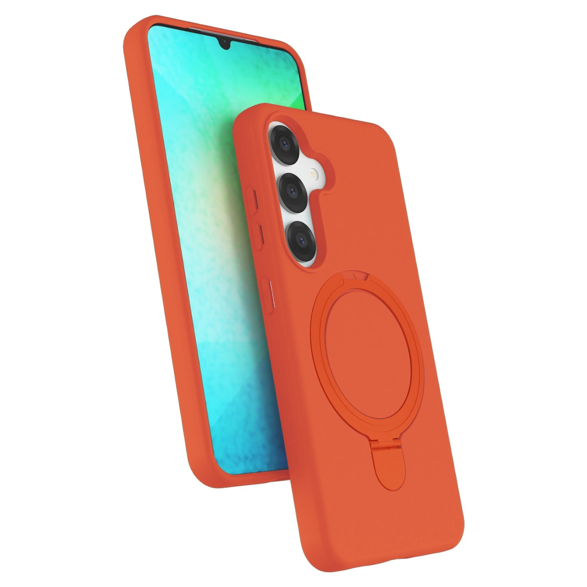 Halka stantlı ve üç kamera lensli turuncu telefon kılıfı.
