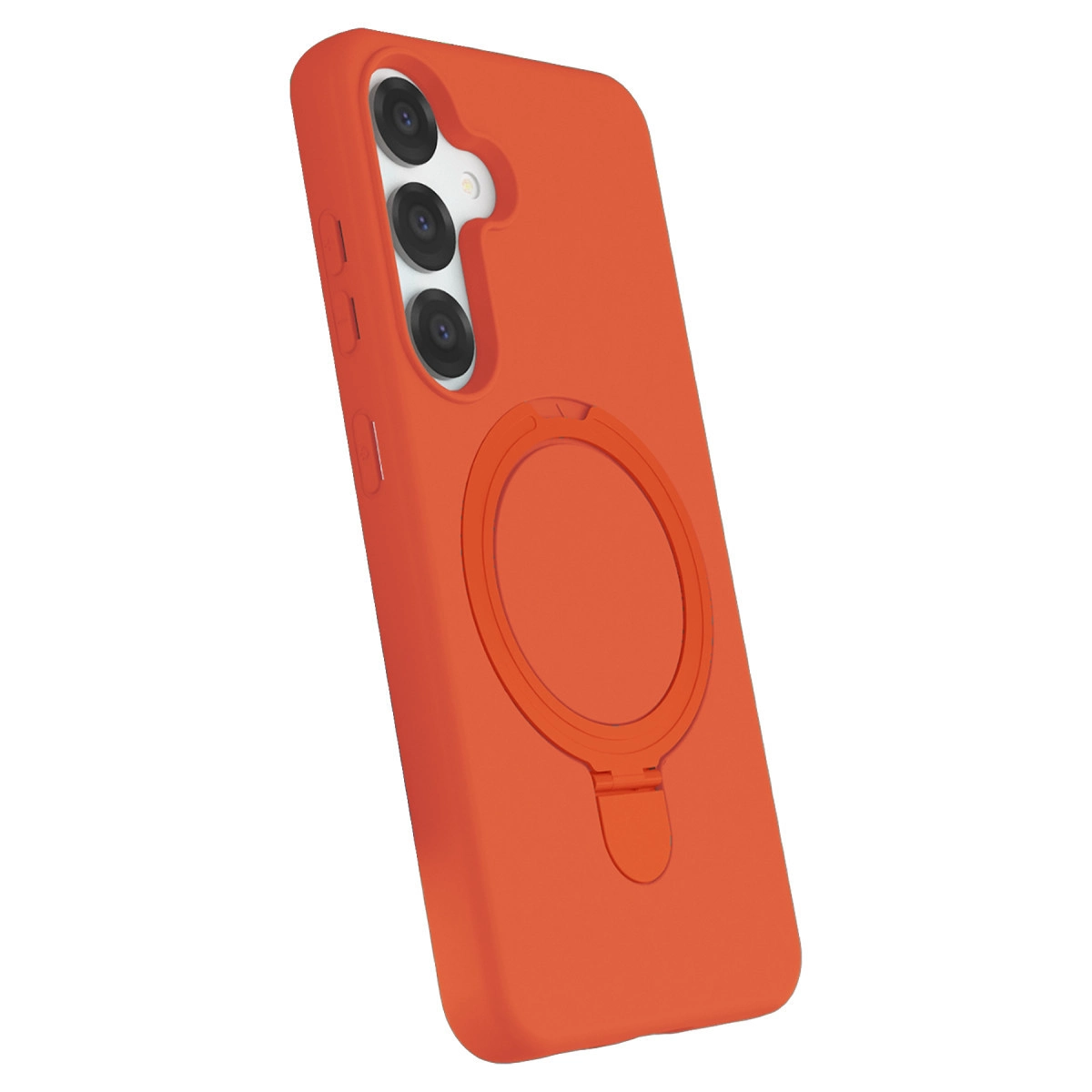 Turuncu telefon kılıfı, halka tutuculu ve üç kameralı.