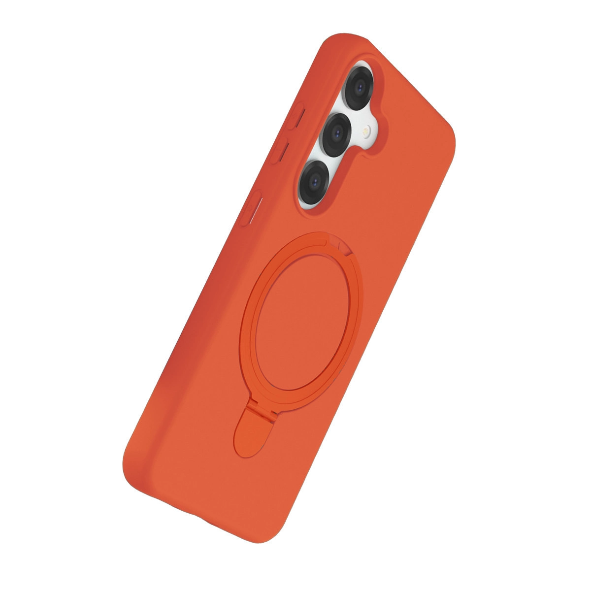 Halka tutuculu ve arkada üç kamerası olan turuncu telefon kılıfı.