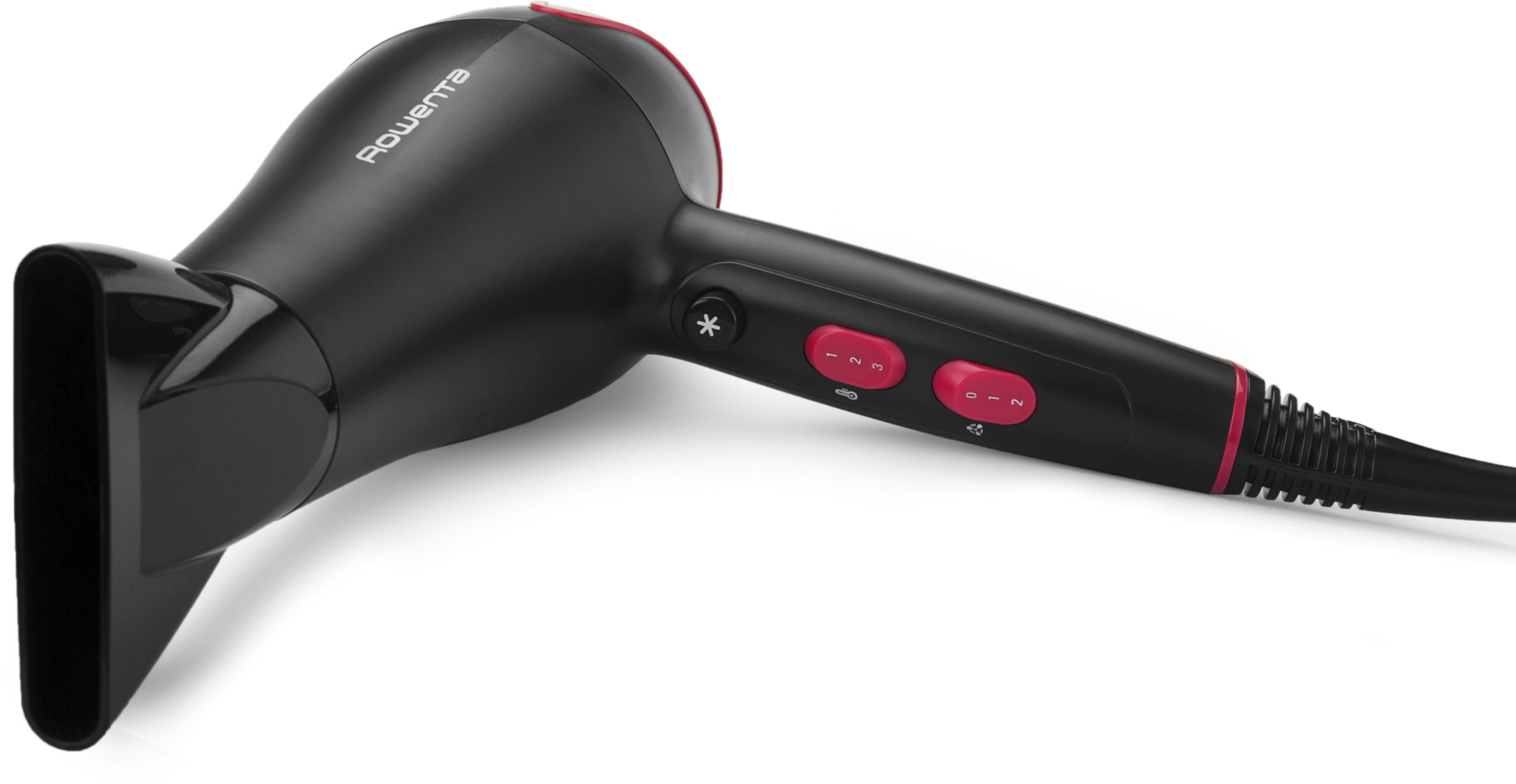 Czarna suszarka do włosów z czerwonymi akcentami i przyciskami.