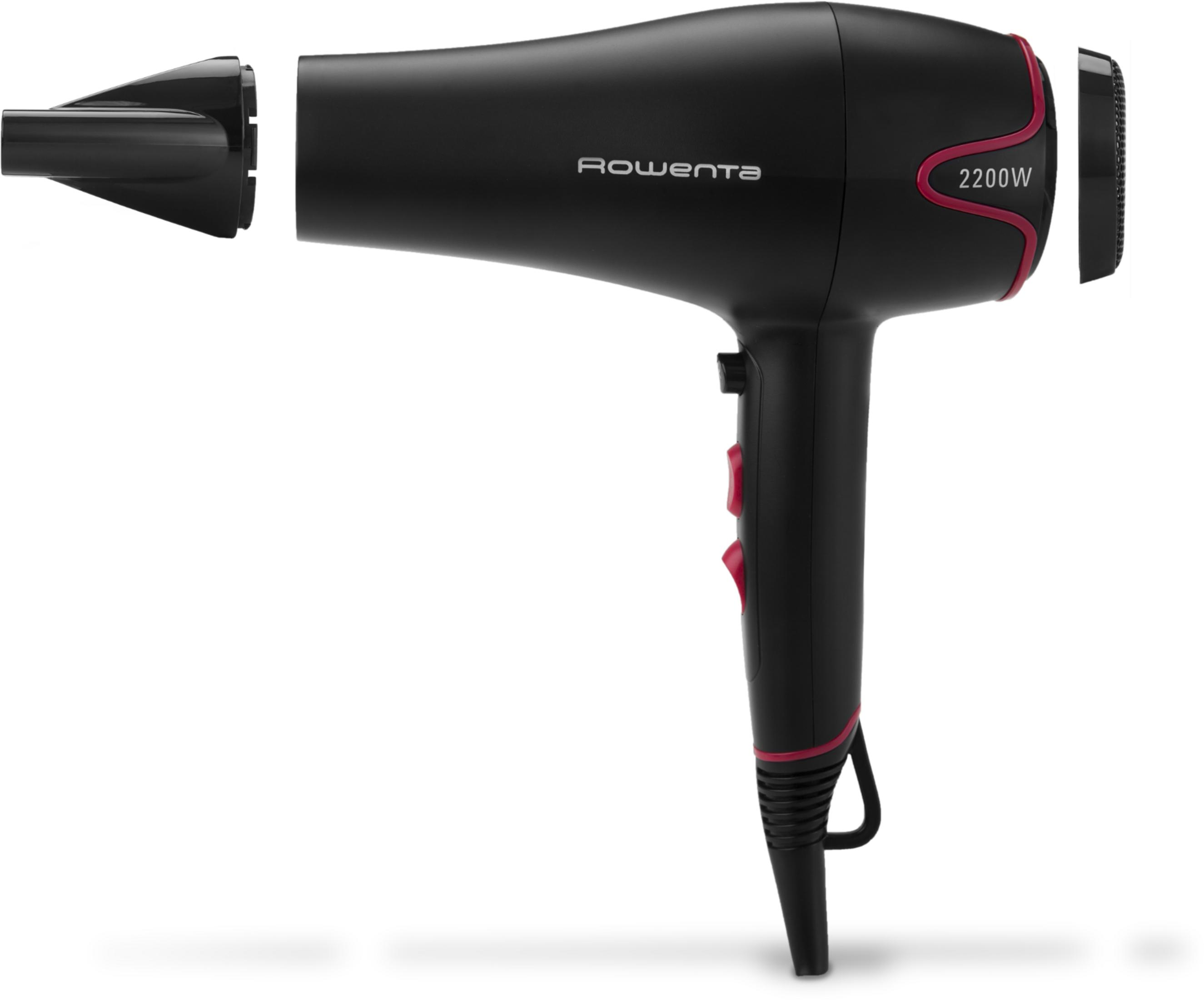 Czarna suszarka do włosów z czerwonymi akcentami, moc 2200W.