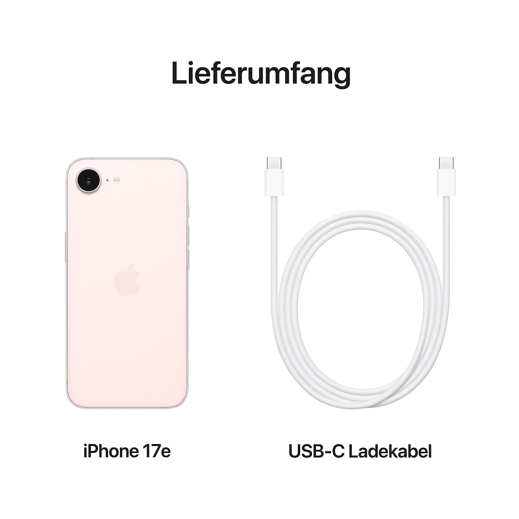 Ein rosafarbenes iPhone 17e und ein weißes USB-C-Ladekabel.