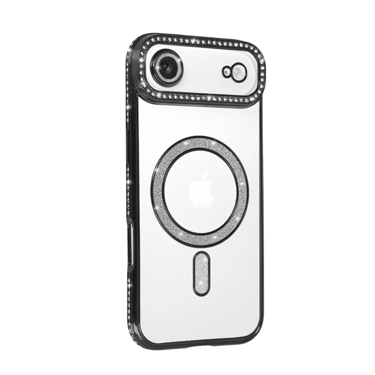 Beyaz iPhone kılıfı, taşlı, Apple logosu ve manyetik halkalı.