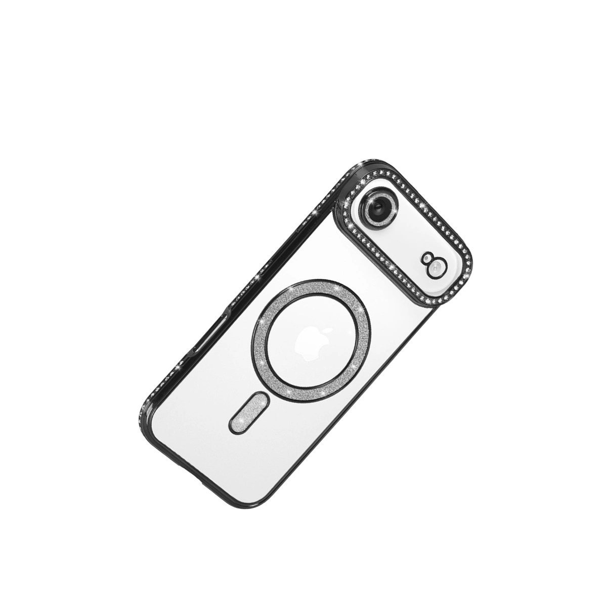 Parlak kenarlı ve kamera çerçeveli şeffaf iPhone kılıfı.