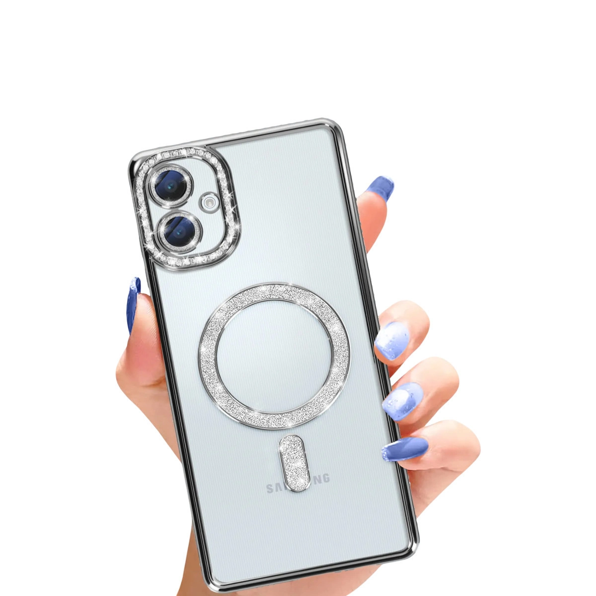 Bir el, parlak halka tutuculu ve kamera süslemeli şeffaf telefon kılıfı tutuyor.