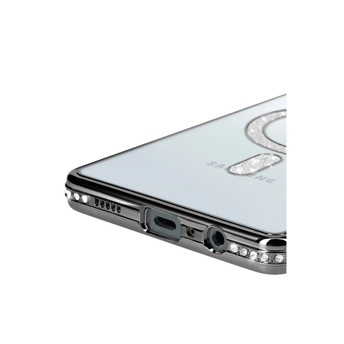 Kenarlarında sim ve Samsung logosu bulunan gümüş telefon kılıfı.
