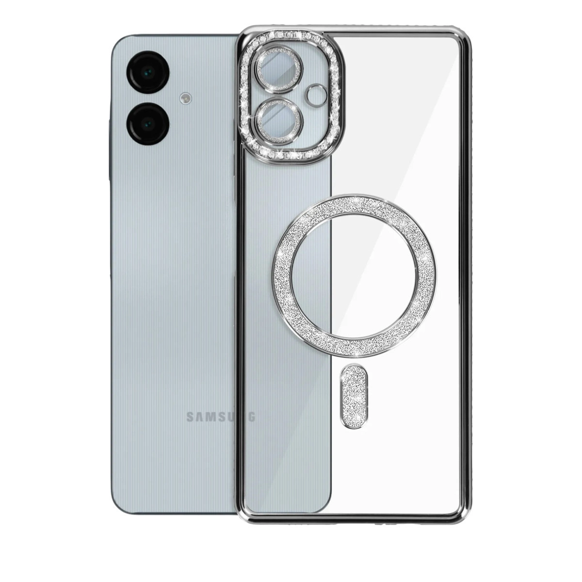 Gümüş rengi akıllı telefon, şeffaf ve simli koruyucu kılıfıyla.