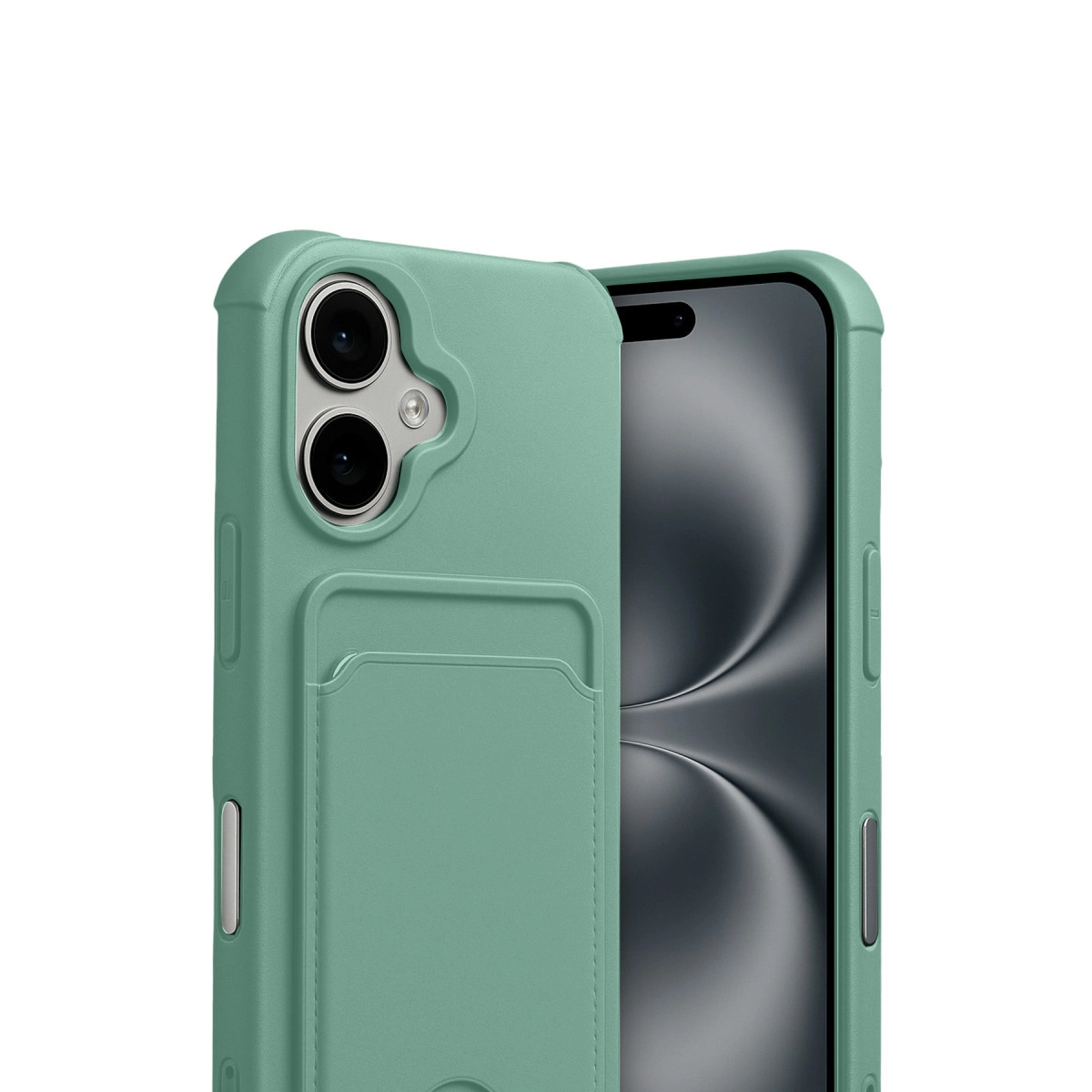 Kart tutuculu ve iki kameralı yeşil telefon kılıfı beyaz arka plan üzerinde.