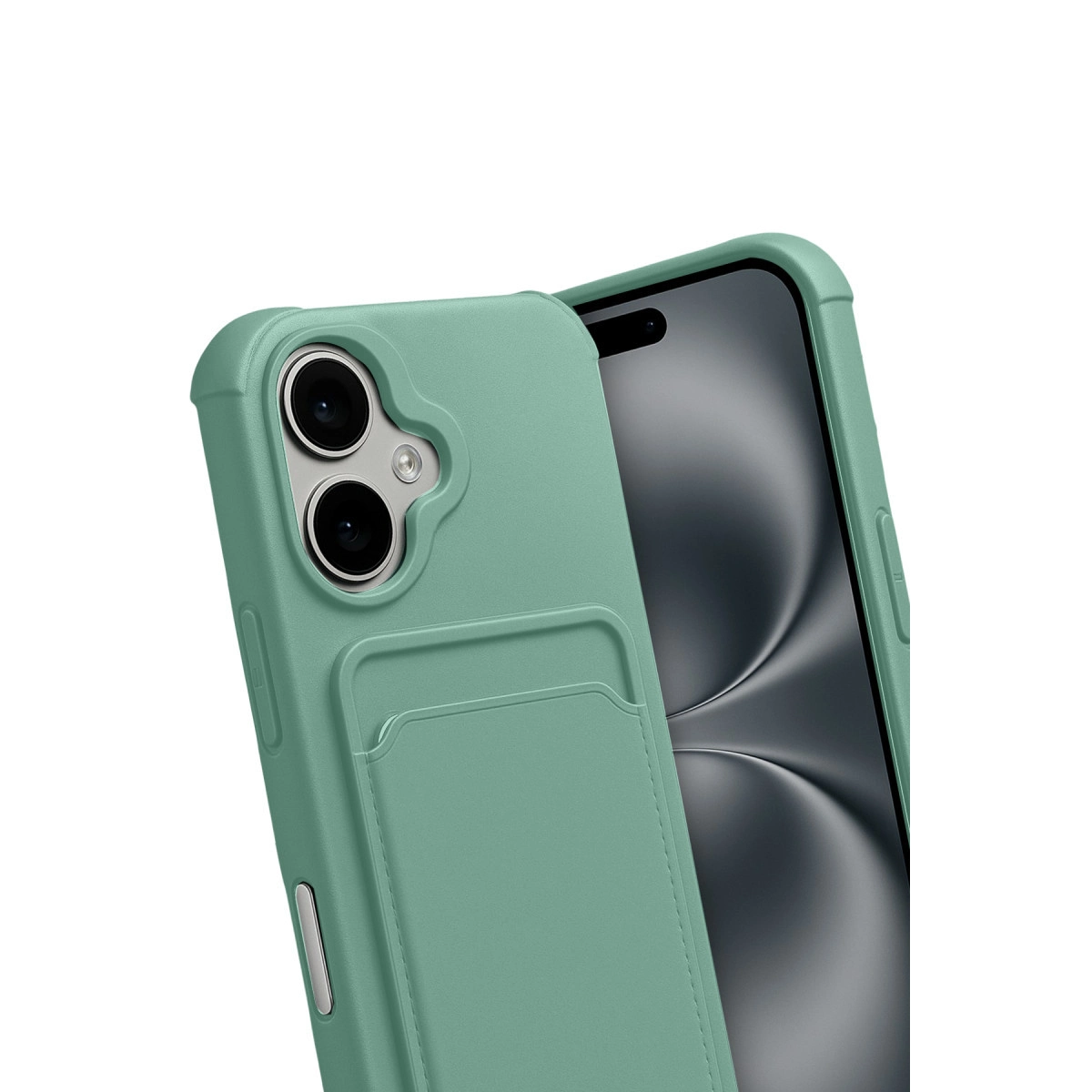 Kart yuvalı ve kamera modüllü yeşil telefon kılıfı, bir akıllı telefonun yanında.